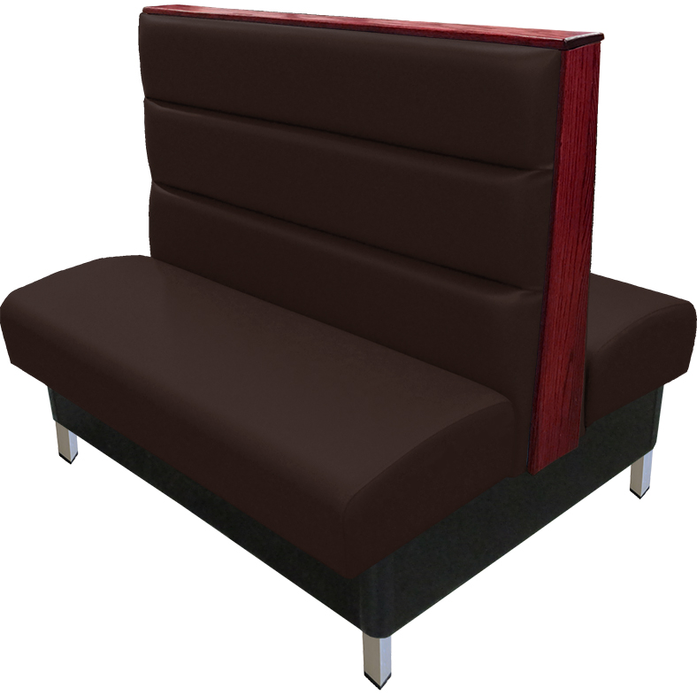 Britt vinyl-upholstered booth with espresso vinyl seat-back and mahogany wood top-end cap and brushed aluminum legs v2 web