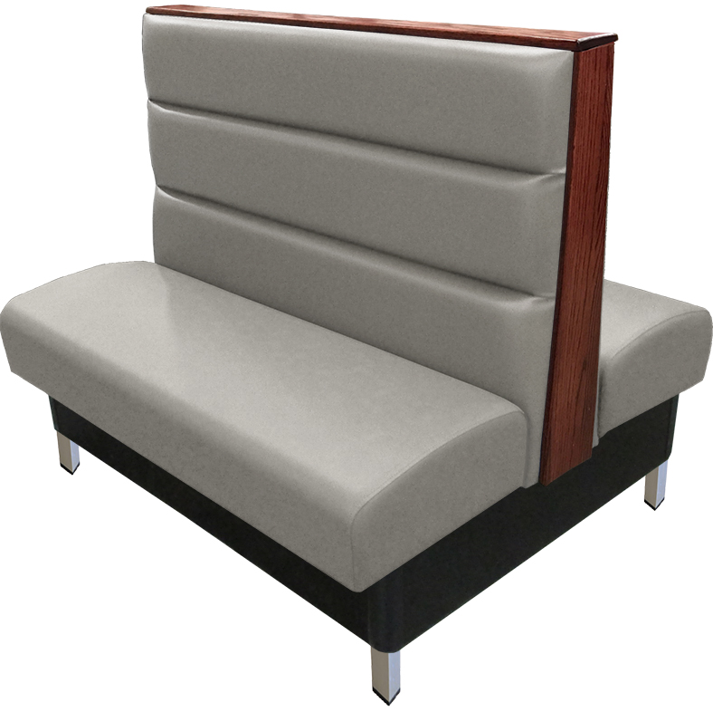 Britt vinyl/upholstered restaurant booth with a horizontal channelback, brushed aluminum legs, & wood top/end cap stained in American walnut. Gray vinyl