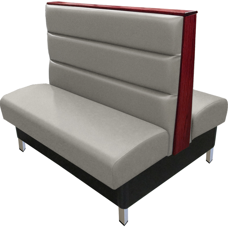 Britt vinyl-upholstered booth with gray vinyl seat-back and mahogany wood top-end cap and brushed aluminum legs v2 web