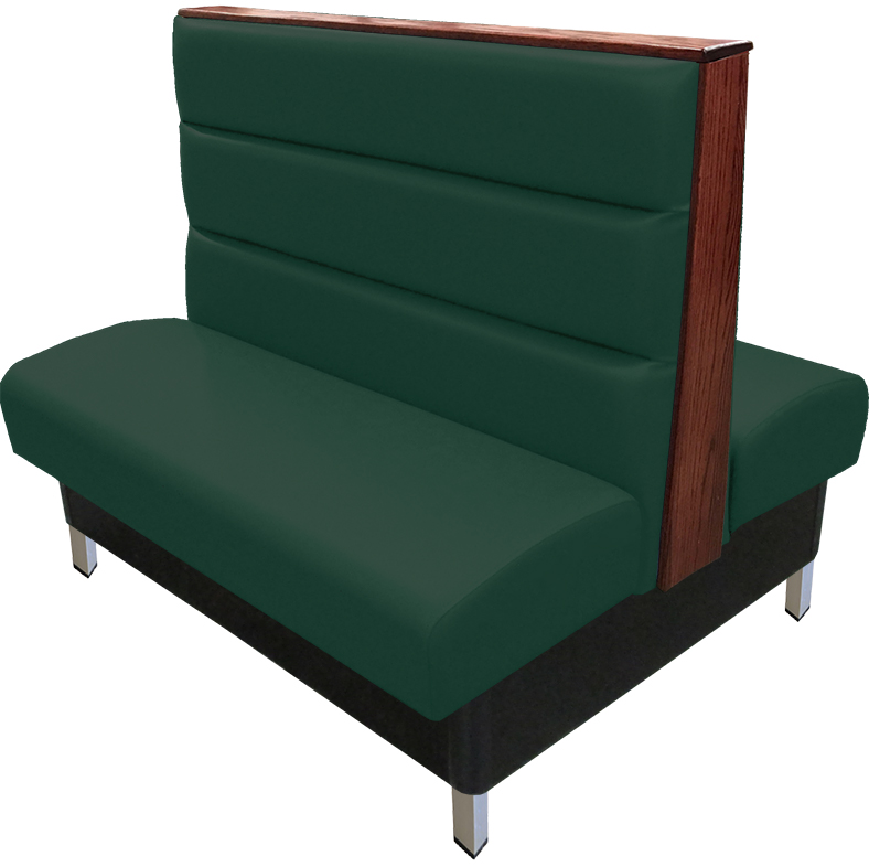 Britt vinyl/upholstered restaurant booth with a horizontal channelback, brushed aluminum legs, & wood top/end cap stained in American walnut. Hunter green vinyl