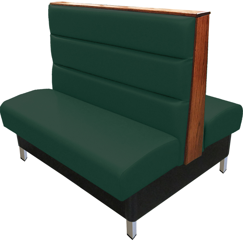 Britt vinyl/upholstered restaurant booth with a horizontal channelback, brushed aluminum legs, & wood top/end cap stained in autumn haze. Hunter green vinyl