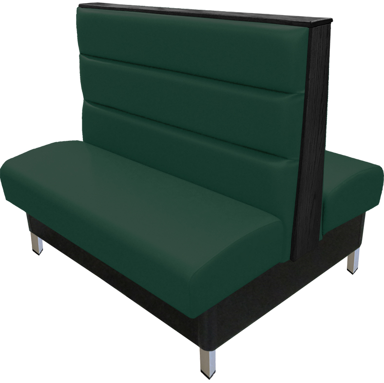 Britt vinyl/upholstered restaurant booth with a horizontal channelback, brushed aluminum legs, & wood top/end cap stained in black. Hunter Green vinyl
