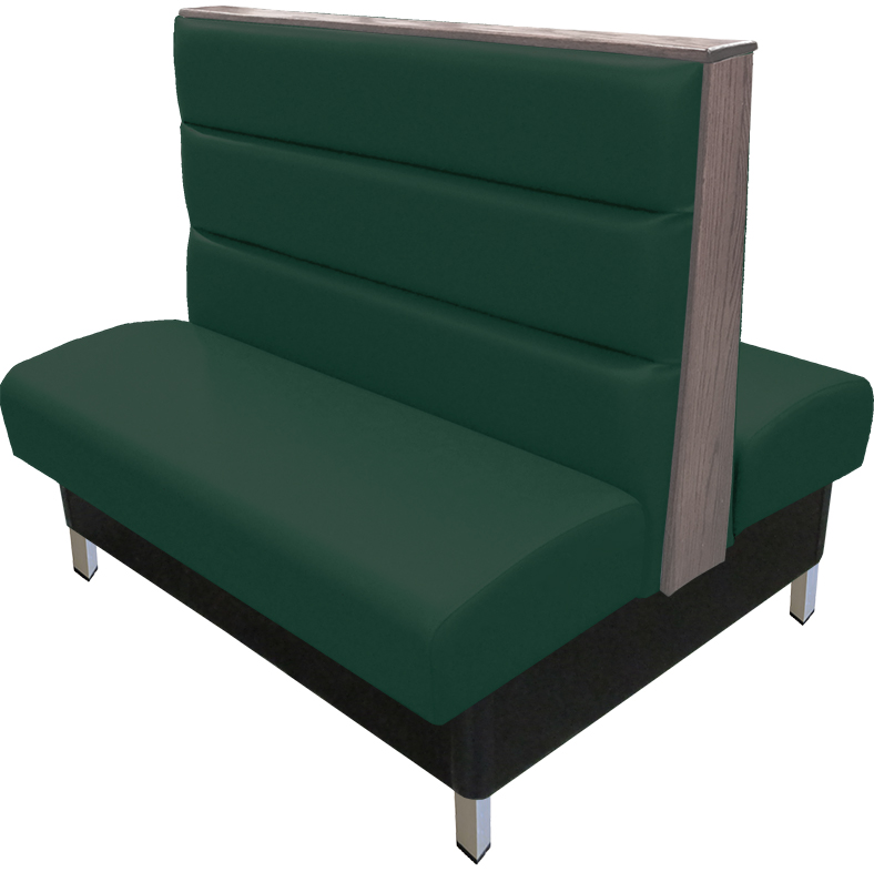 Britt vinyl/upholstered restaurant booth with a horizontal channelback, brushed aluminum legs, & wood top/end cap stained in dove gray. Hunter green vinyl