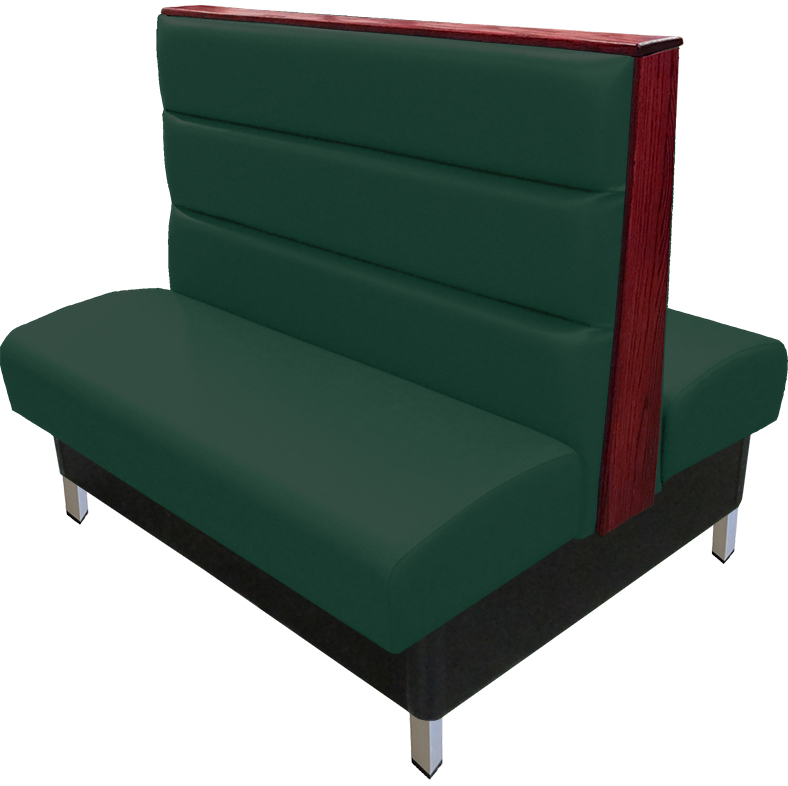 Britt vinyl/upholstered restaurant booth with a horizontal channelback, brushed aluminum legs, & wood top/end cap stained in mahogany. Hunter green vinyl