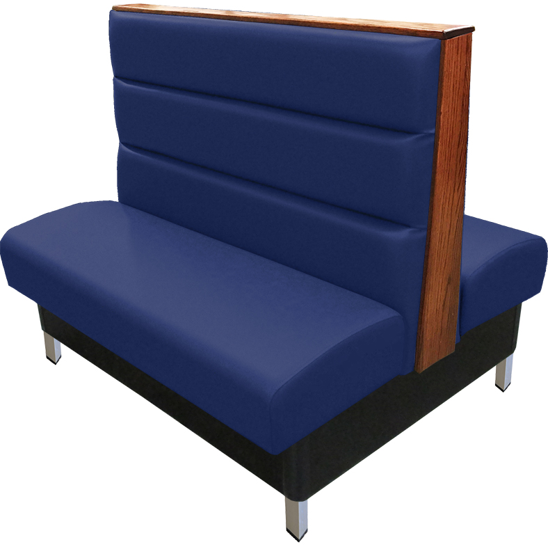 Britt vinyl/upholstered restaurant booth with a horizontal channelback, brushed aluminum legs, & wood top/end cap stained in autumn haze. Navy vinyl