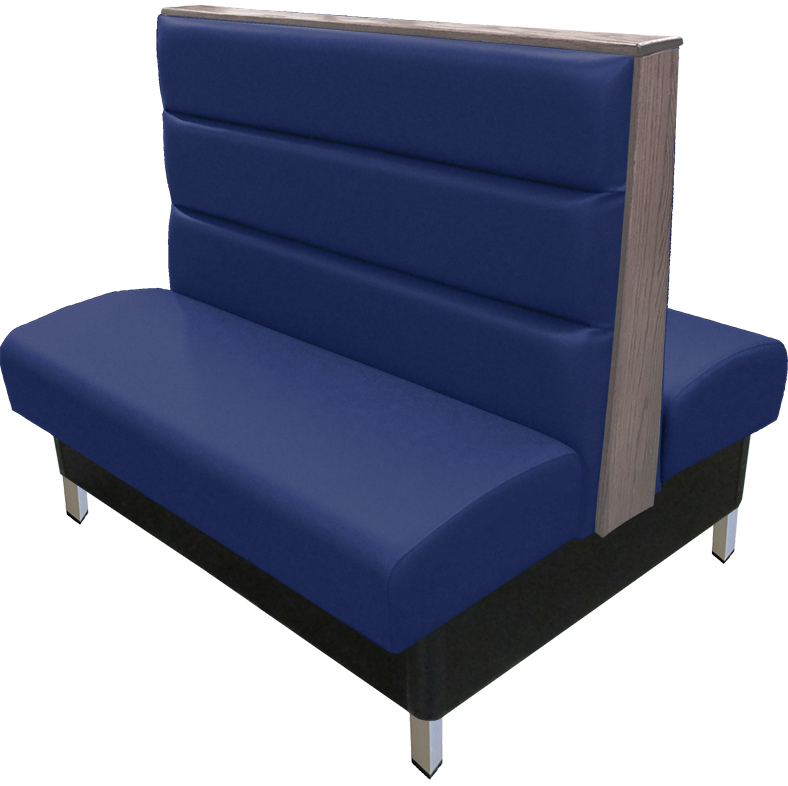 Britt vinyl-upholstered booth with navy vinyl seat-back and dove gray wood top-end cap and brushed aluminum legs v2 web