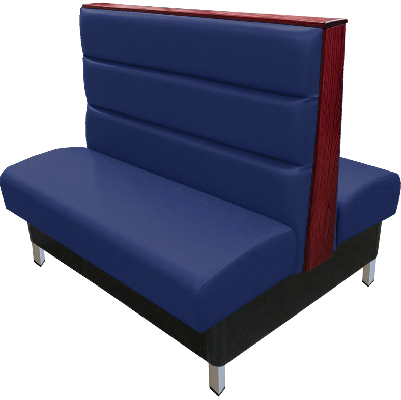 Britt vinyl/upholstered restaurant booth with a horizontal channelback, brushed aluminum legs, & wood top/end cap stained in mahogany. Navy vinyl