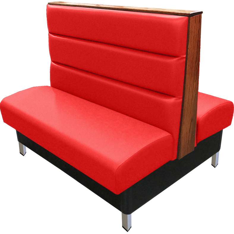 Britt vinyl/upholstered restaurant booth with a horizontal channelback, brushed aluminum legs, & wood top/end cap stained in autumn haze. Red vinyl