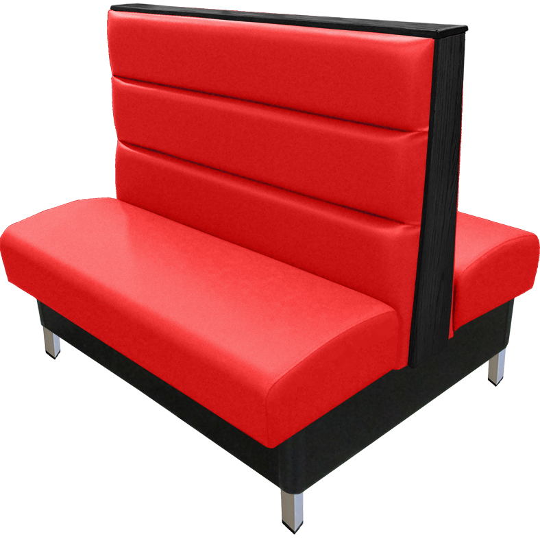 Britt vinyl-upholstered booth with red vinyl seat-back and black wood top-end cap and brushed aluminum legs v2 web