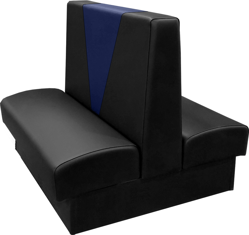 Clarke vinyl-upholstered restaurant booth with in-house black vinyl and in-house navy accent panel