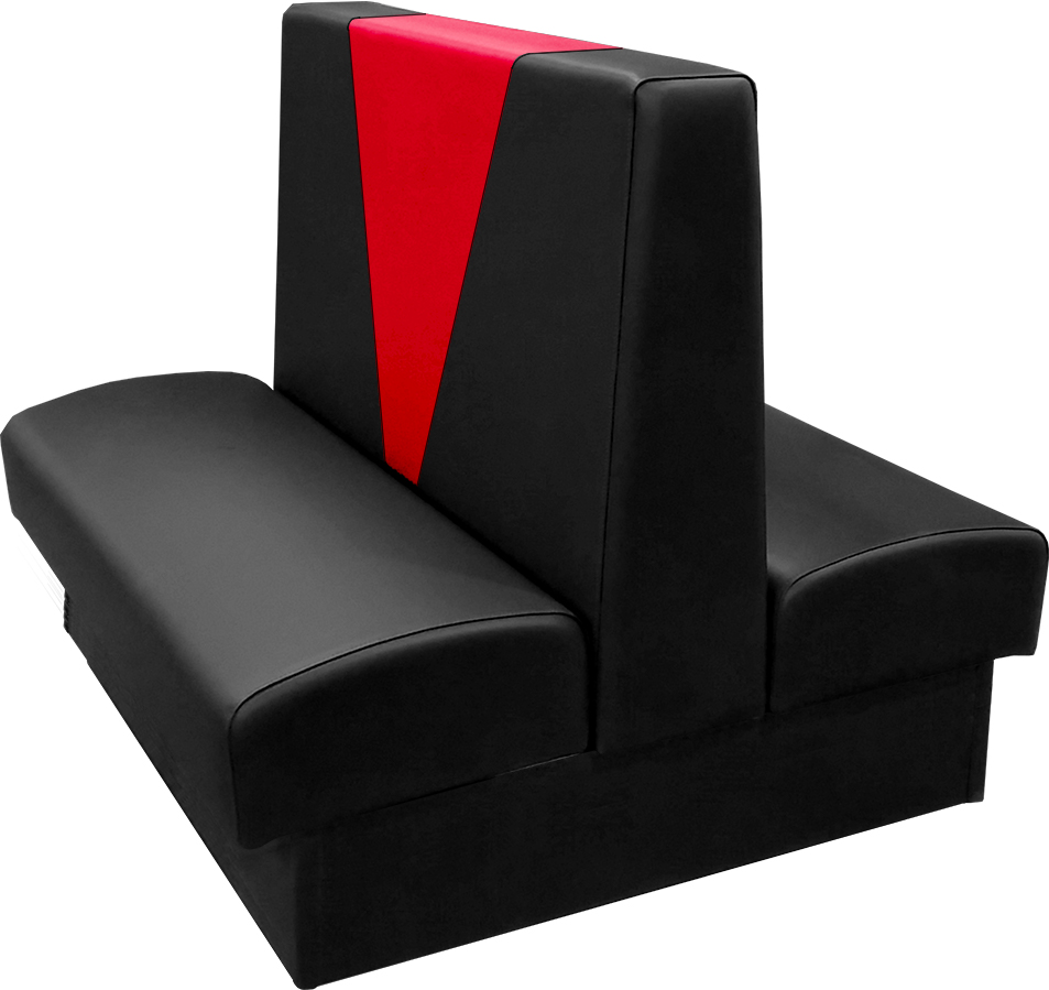 Clarke vinyl-upholstered double booth with in-house black vinyl and in-house red accent panel