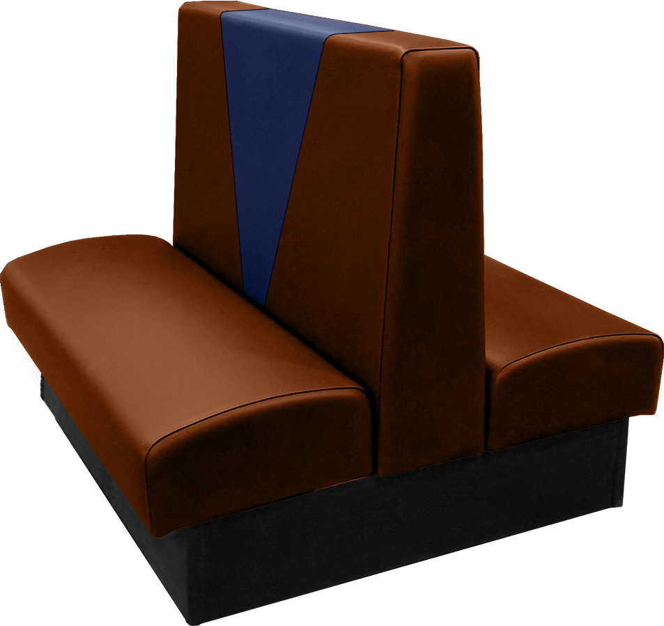 Clarke vinyl-upholstered double booth with in-house chestnut vinyl and in-house navy accent panel