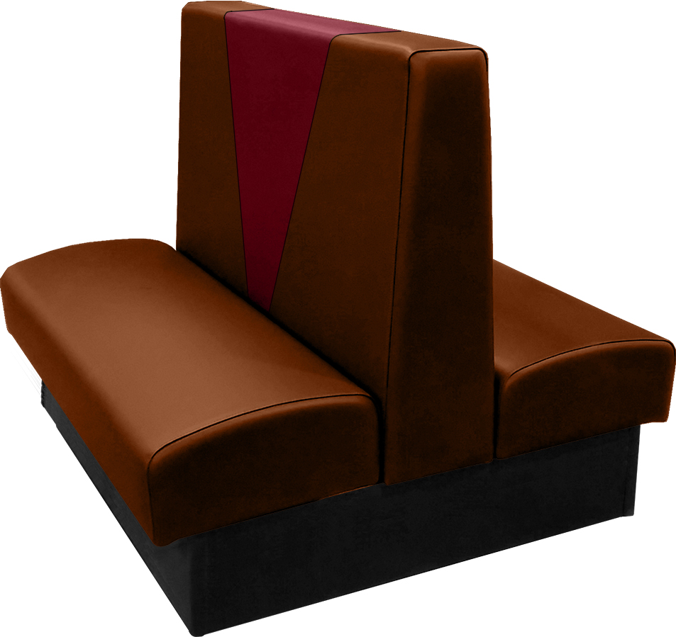 Clarke vinyl-upholstered restaurant booth with in-house chestnut vinyl and in-house wine accent panel