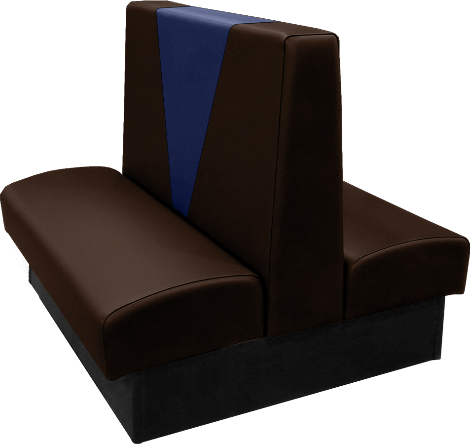 Clarke vinyl-upholstered restaurant booth with in-house espresso vinyl and in-house navy accent panel