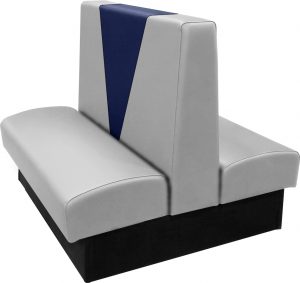 Clarke vinyl upholstered double booth with in house gray vinyl and in house navy accent panel