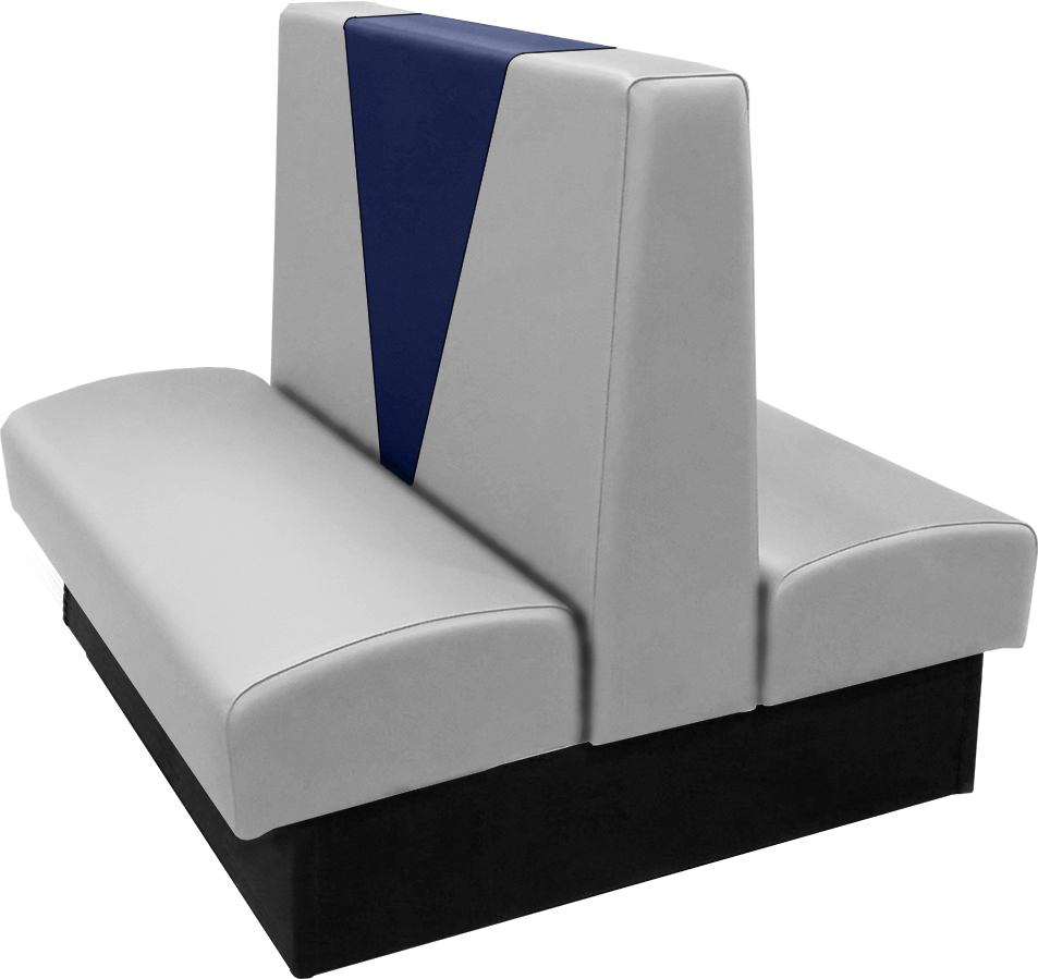 Clarke vinyl-upholstered restaurant booth with in-house gray vinyl and in-house navy accent panel