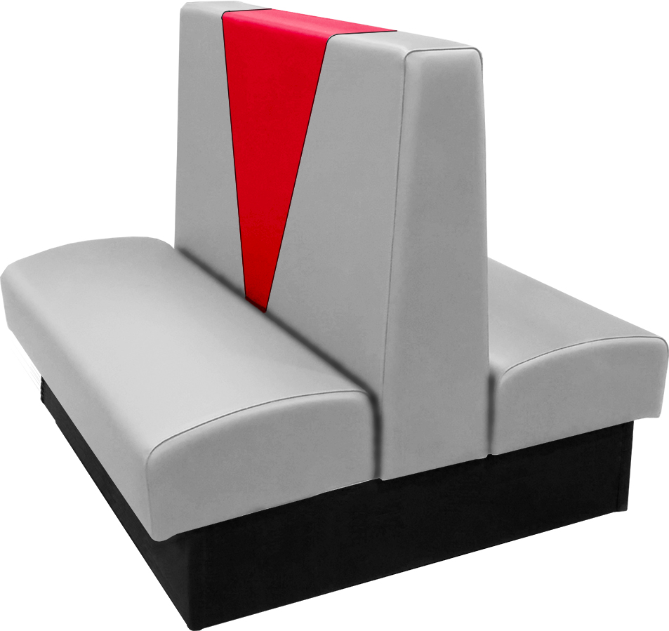 Clarke vinyl-upholstered double booth with in-house gray vinyl and in-house red accent panel