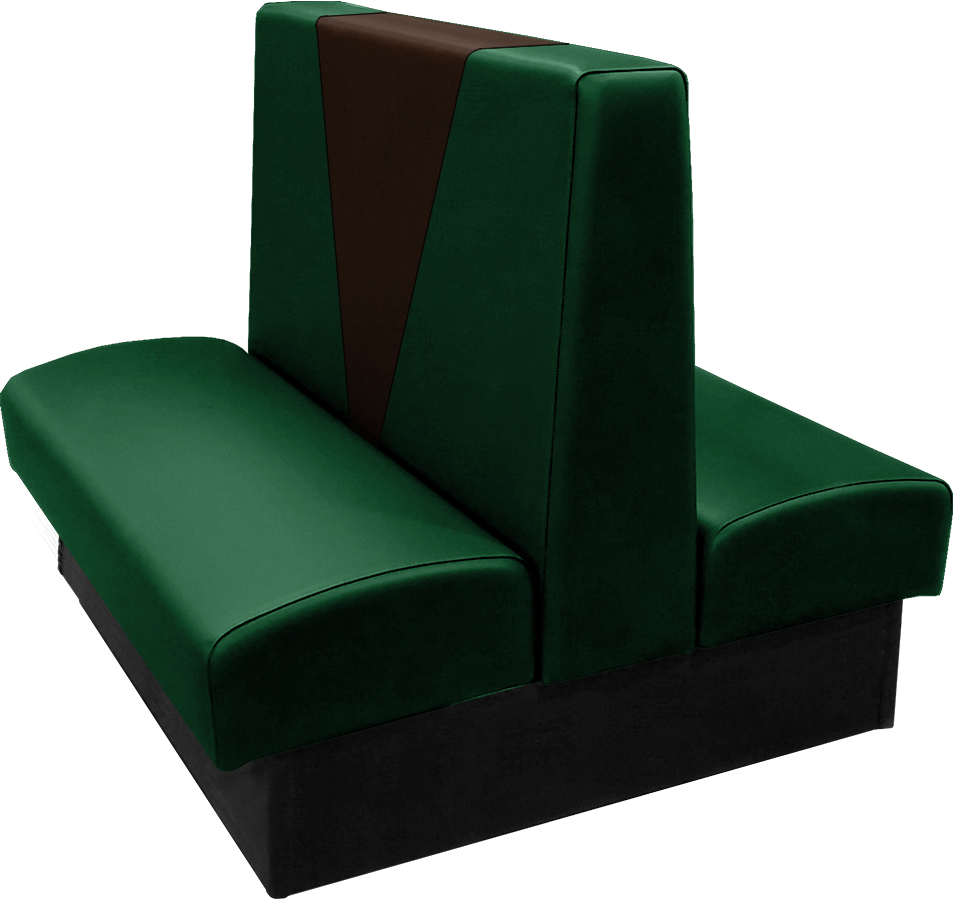 Clarke vinyl-upholstered restaurant booth with in-house hunter green vinyl and in-house espresso accent panel