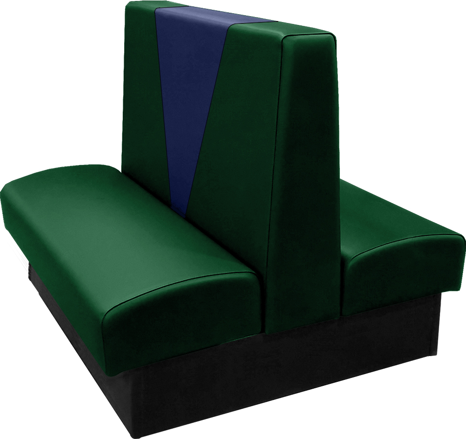 Clarke vinyl-upholstered restaurant booth with in-house hunter green vinyl and in-house navy accent panel