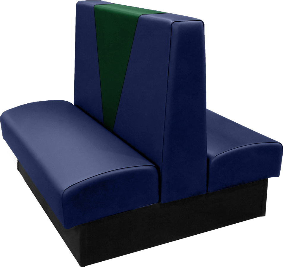Clarke vinyl-upholstered restaurant booth with in-house navy vinyl and in-house hunter green accent panel