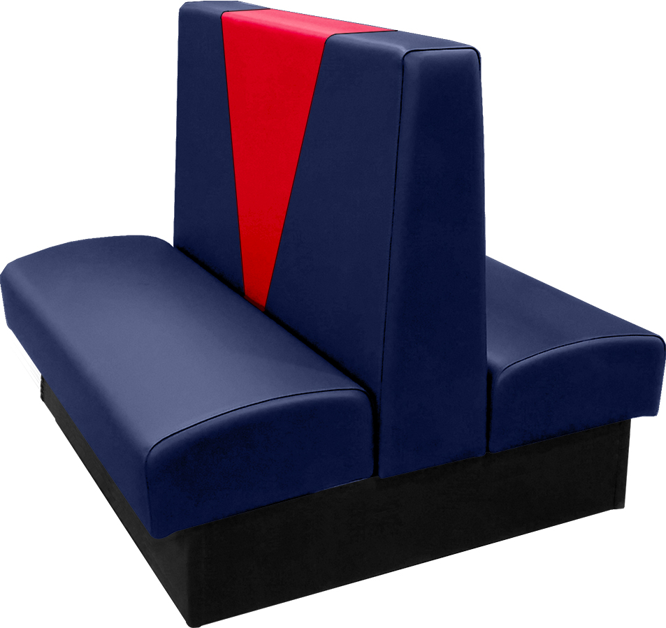 Clarke vinyl-upholstered double booth with in-house navy vinyl and in-house red accent panel
