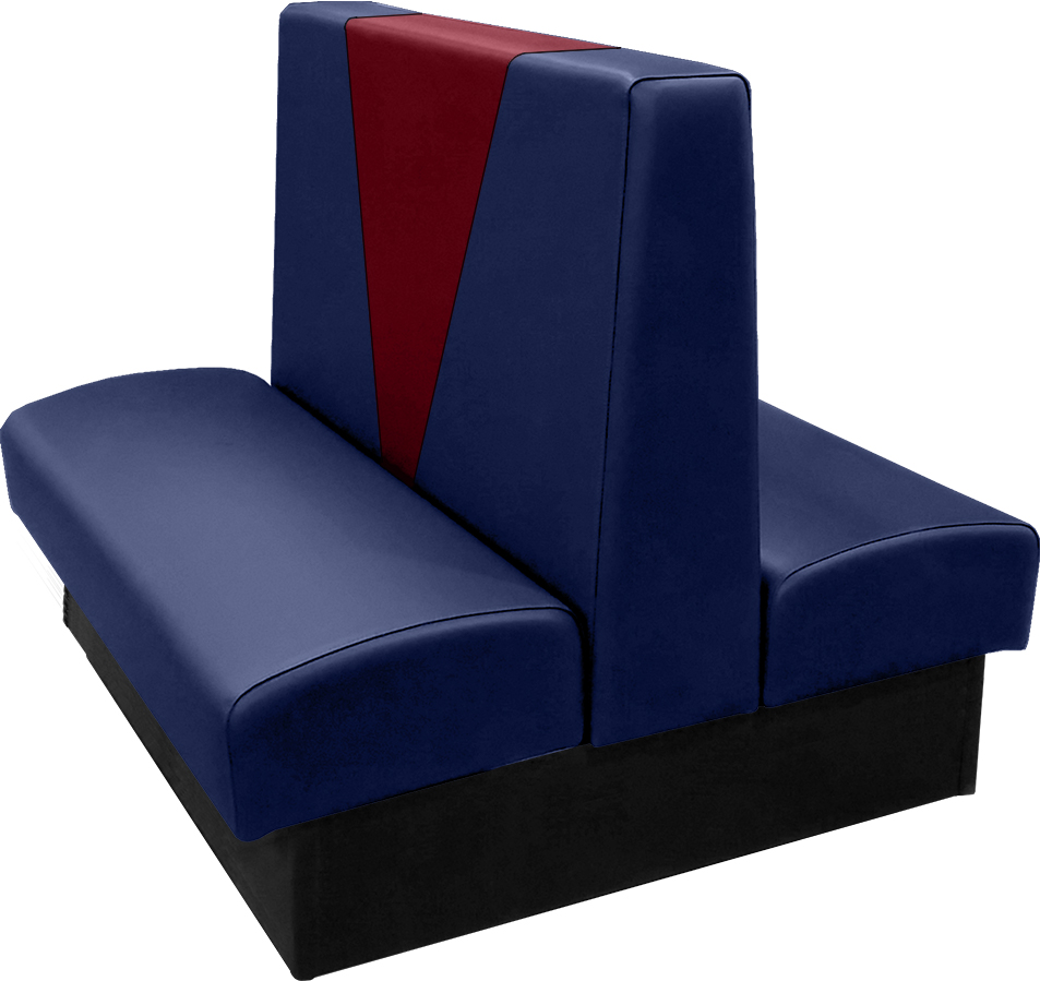 Clarke vinyl-upholstered double booth with in-house navy vinyl and in-house wine accent panel