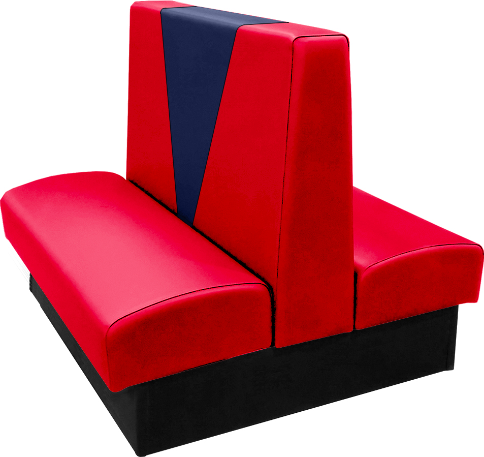 Clarke vinyl-upholstered double booth with in-house red vinyl and in-house navy accent panel