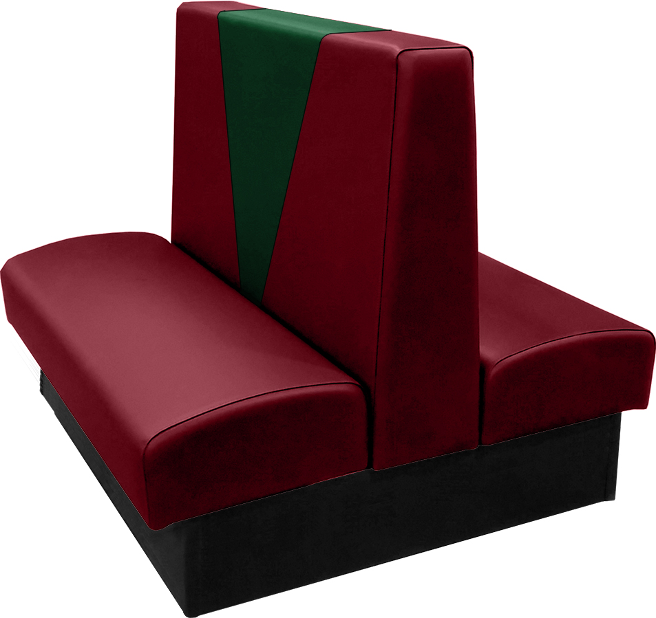 Clarke vinyl-upholstered double booth with in-house wine vinyl and in-house hunter green accent panel