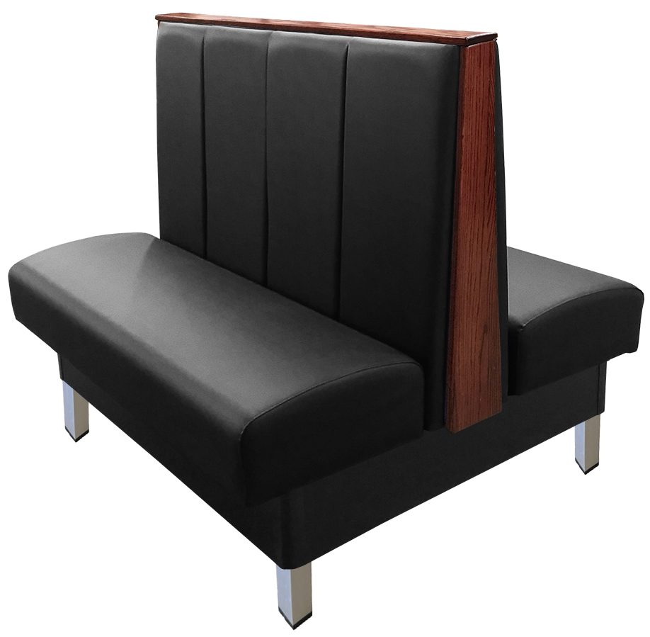 Collins vinyl/upholstered restaurant booth with vertical channelback, brushed aluminum legs, top/end caps stained in American walnut & black vinyl