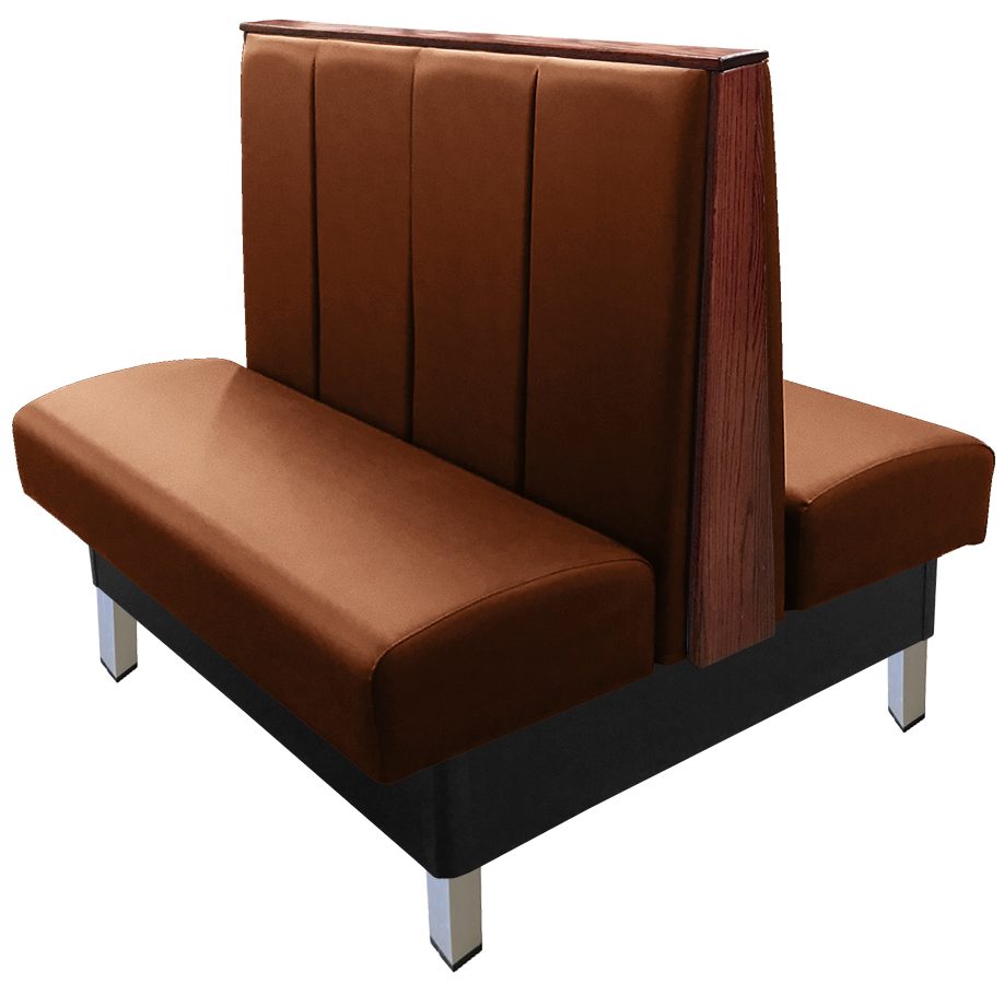 Collins vinyl/upholstered restaurant booth with vertical channelback, brushed aluminum legs, top/end caps stained in American walnut & chestnut vinyl
