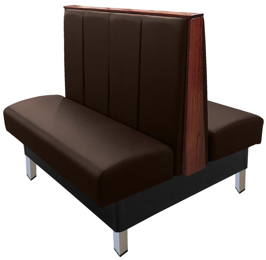 Collins vinyl/upholstered restaurant booth with vertical channelback, brushed aluminum legs, top/end caps stained in American walnut & espresso vinyl