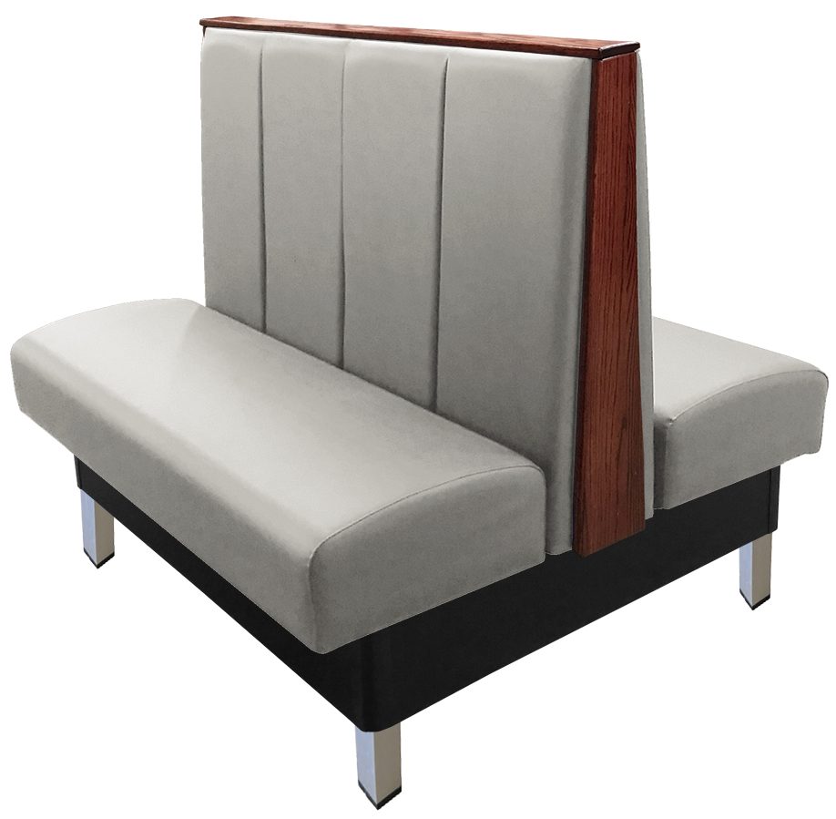 Collins vinyl/upholstered restaurant booth with vertical channelback, brushed aluminum legs, top/end caps stained in American walnut & gray vinyl