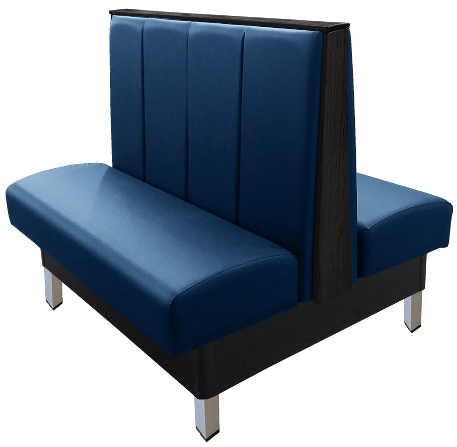 Collins vinyl/upholstered restaurant booth with vertical channelback, brushed aluminum legs, top/end caps stained in black & navy vinyl