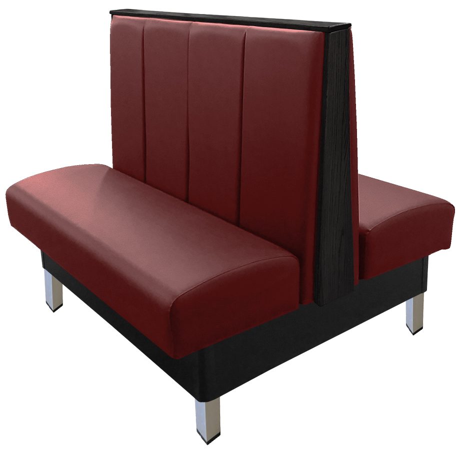 Collins vinyl/upholstered restaurant booth with vertical channelback, brushed aluminum legs, top/end caps stained in black & wine vinyl