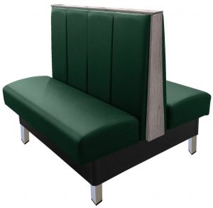 Collins vinyl/upholstered restaurant booth with vertical channelback, brushed aluminum legs, top/end caps stained in dove gray & hunter green vinyl