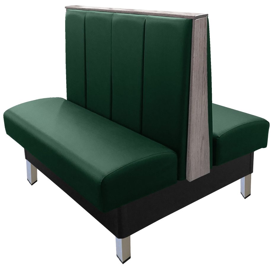 Collins vinyl/upholstered restaurant booth with vertical channelback, brushed aluminum legs, top/end caps stained in dove gray & hunter green vinyl