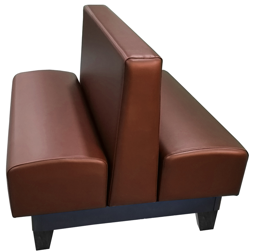 Edinburg vinyl/upholstered restaurant booth with black stained wooden legs and chestnut vinyl