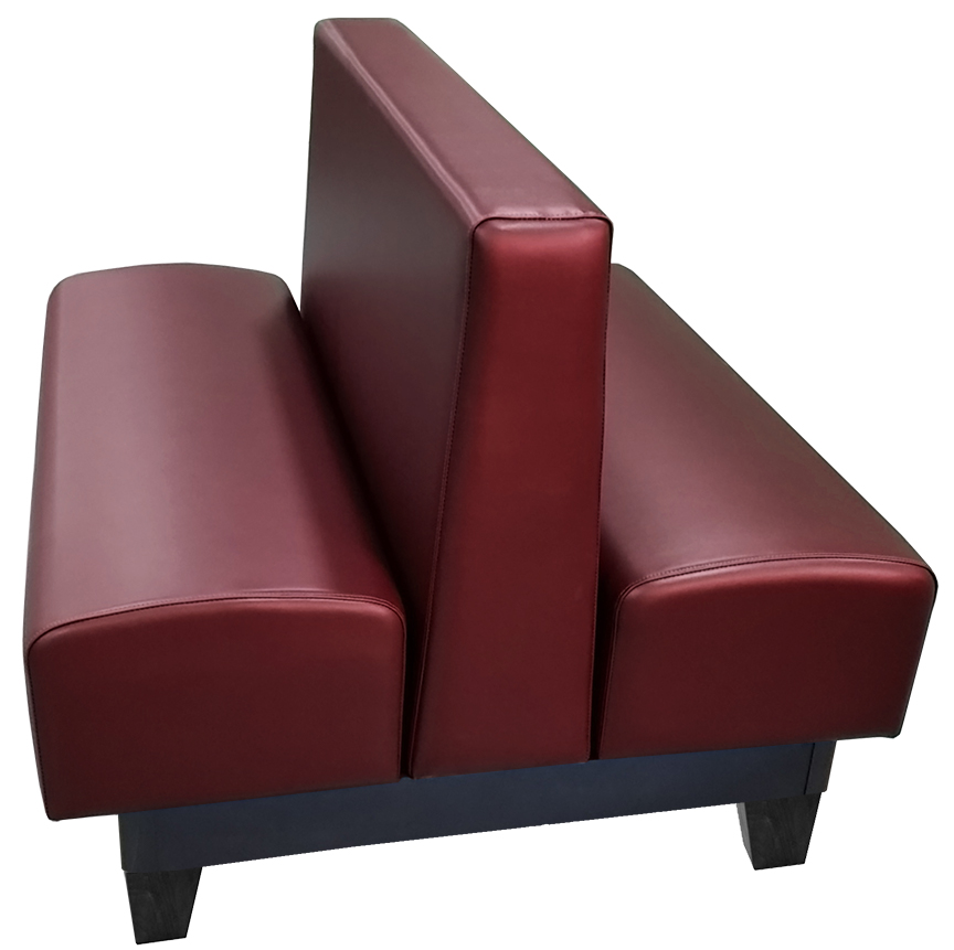 Edinburg vinyl/upholstered restaurant booth with black stained wooden legs and wine vinyl