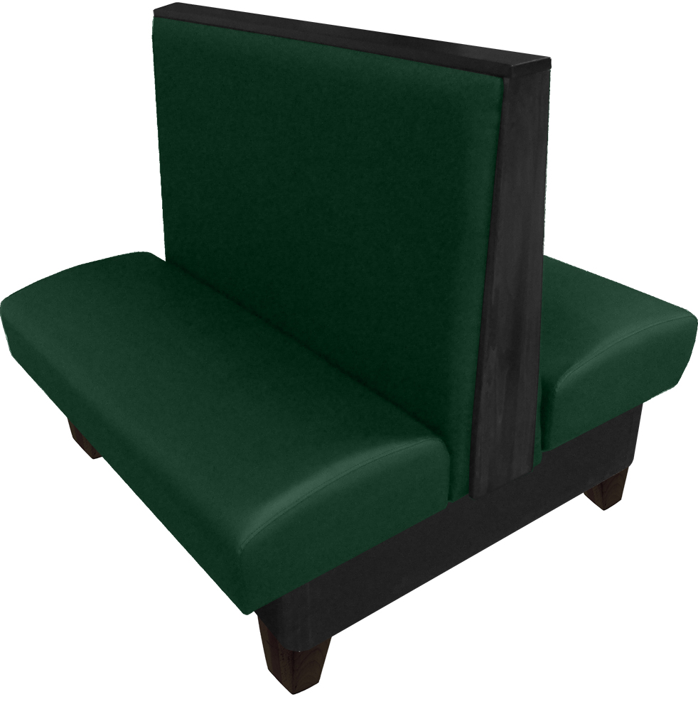 Ellsworth vinyl/upholstered restaurant booth with black stained oak top/side caps and wooden legs. With hunter green vinyl.