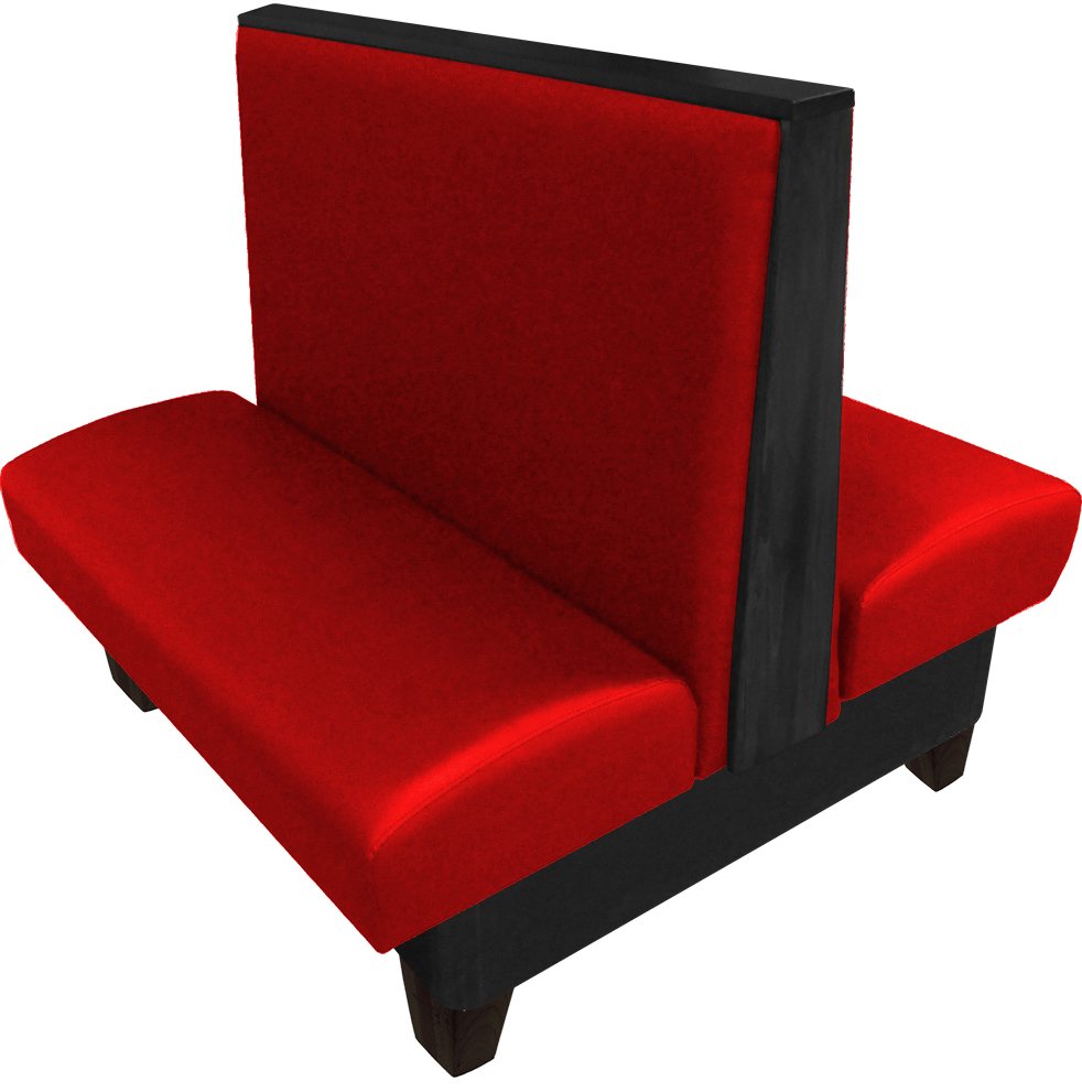 Ellsworth vinyl/upholstered restaurant booth with black stained oak top/side caps and wooden legs. With red vinyl.