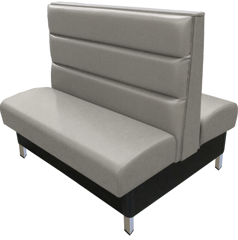 Hudson vinyl/upholstered restaurant booth with brushed aluminum legs, horizontal channelback & gray vinyl