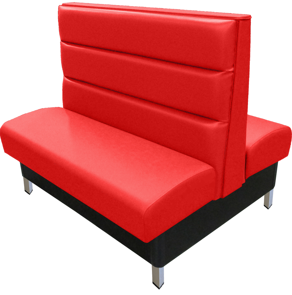 Hudson vinyl/upholstered restaurant booth with brushed aluminum legs, horizontal channelback & red vinyl