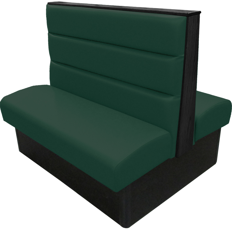 Irwin vinyl/upholstered restaurant booth with horizontal channelback and oak wood top & end cap stained in black. Hunter green vinyl
