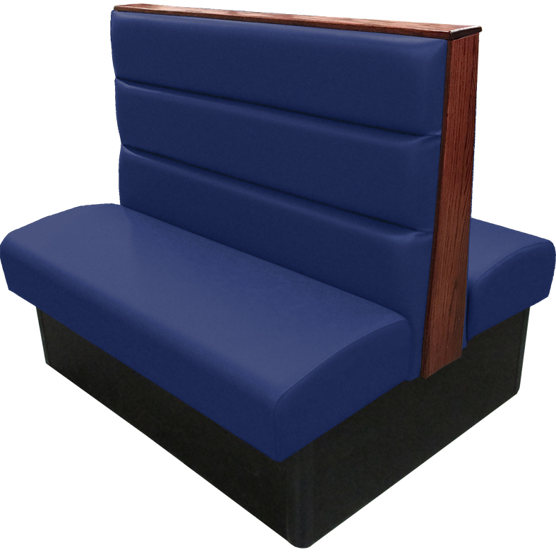 Irwin vinyl-upholstered booth with navy vinyl seat-back American walnut stain wood top-end cap tbg v2 web