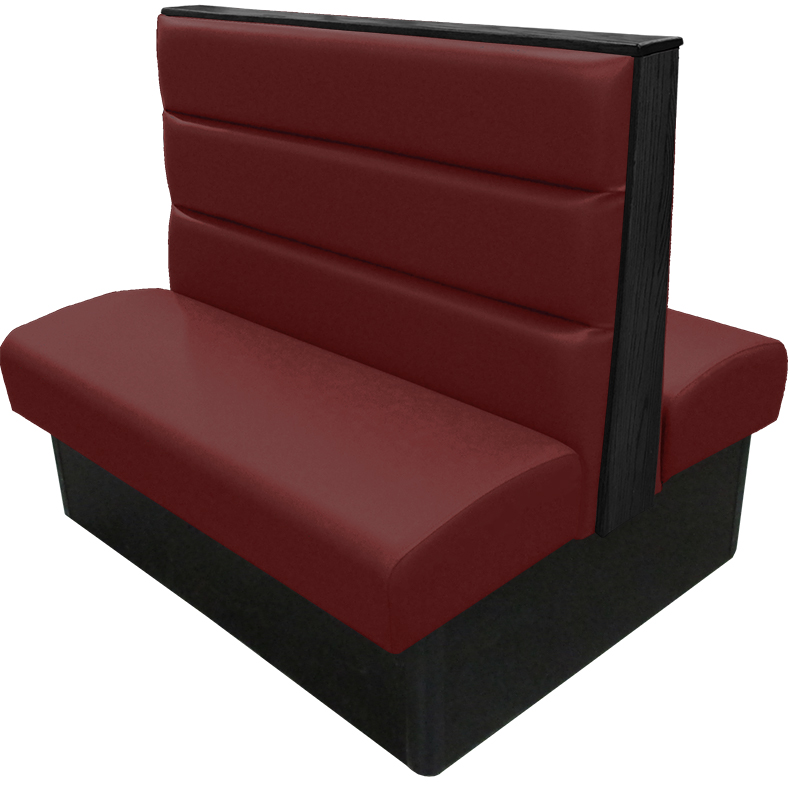 Irwin vinyl-upholstered booth with wine vinyl seat-back black stain wood top-end cap tbg v2 web