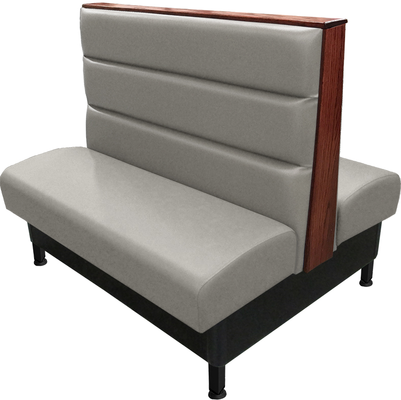 Kingsley vinyl-upholstered booth gray vinyl seat-back American walnut top-end cap black metal legs v2 web
