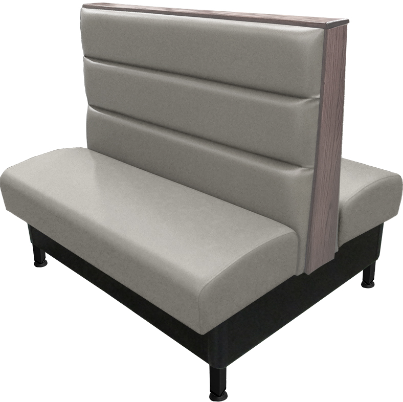 Kingsley vinyl/upholstered restaurant booth with horizontal channelback, black metal legs, oak wood top/end caps stained in dove gray, & gray vinyl.