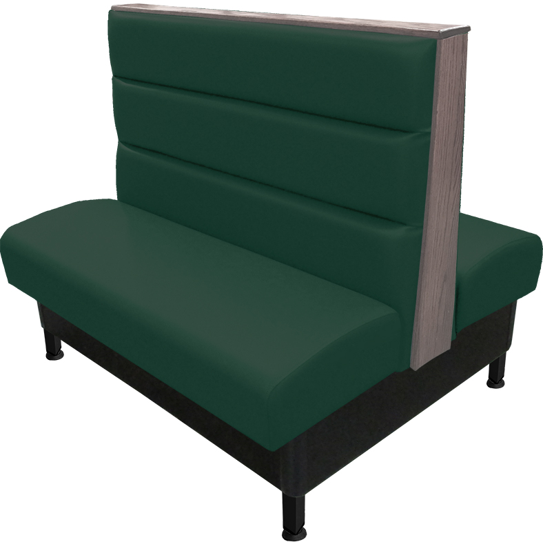 Kingsley vinyl/upholstered restaurant booth with horizontal channelback, black metal legs, oak wood top/end caps stained in dove gray, & hunter green vinyl.