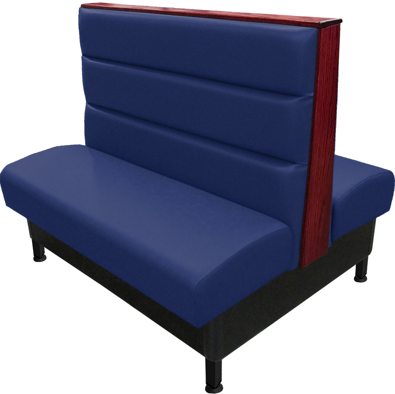 Kingsley vinyl-upholstered booth navy vinyl seat-back mahogany top-end cap black metal legs v2 web