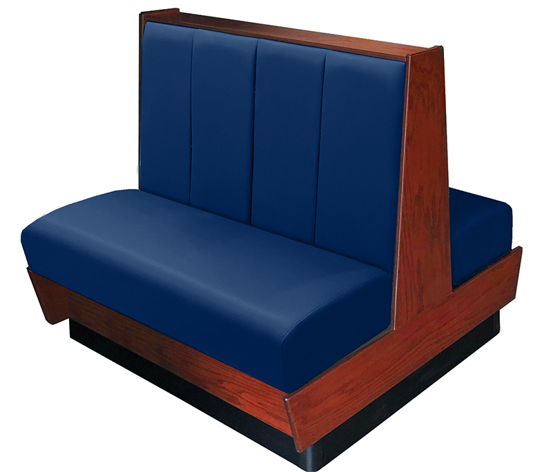 Kirkwood vinyl/upholstered wood booth stained in cherry. Navy vinyl.